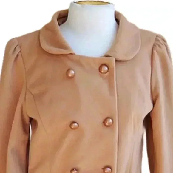New Classic Style Camel Double Breasted Ruffled Belted Faux Wool Pea Coat - Picture 2 of 5